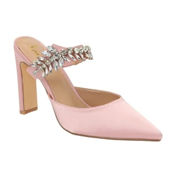 Lulus Floresa Rose Gold Satin Rhinestone Pointed-Toe Mule Pumps Women's Size 8