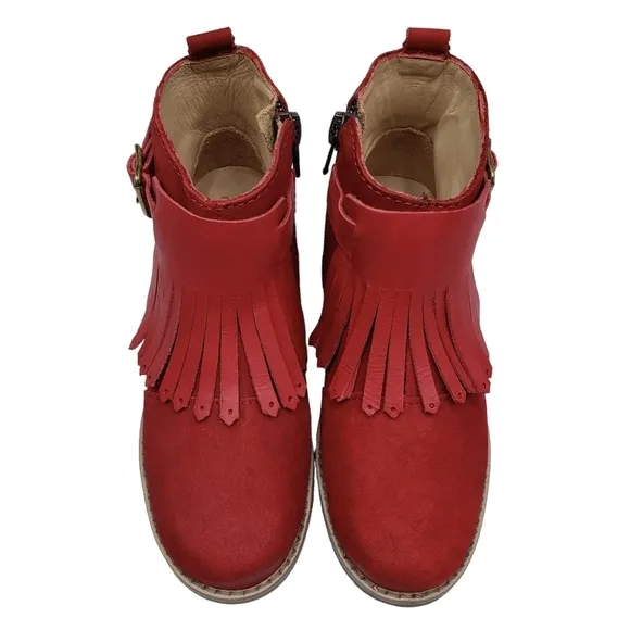 Marc Joseph | NIB Green Point Red Nubuck Fringe Leather Ankle Booties Girl's 11