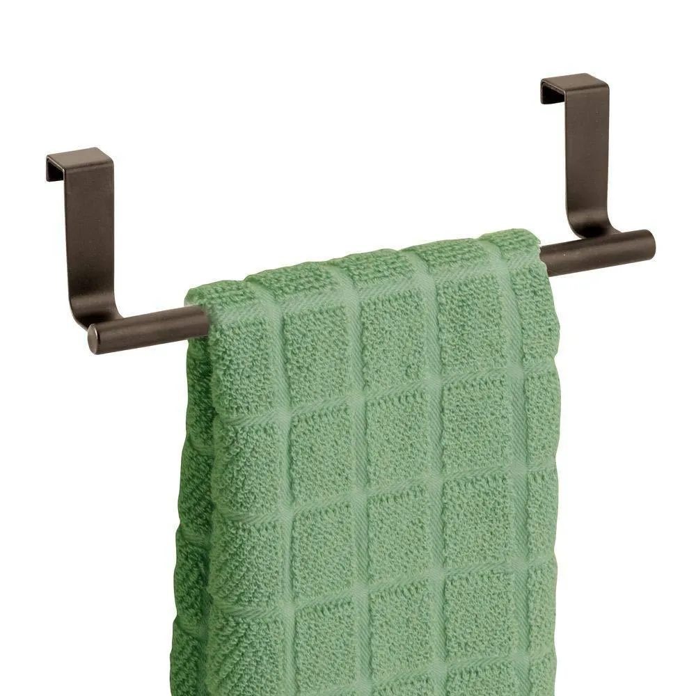 mDesign Decorative Metal Kitchen Over Cabinet Towel Bar - Hang on Inside or Outside of Doors, Storage and Display Rack for Hand, Dish, and Tea Towels - 9" Wide, 8 Pack - Bronze