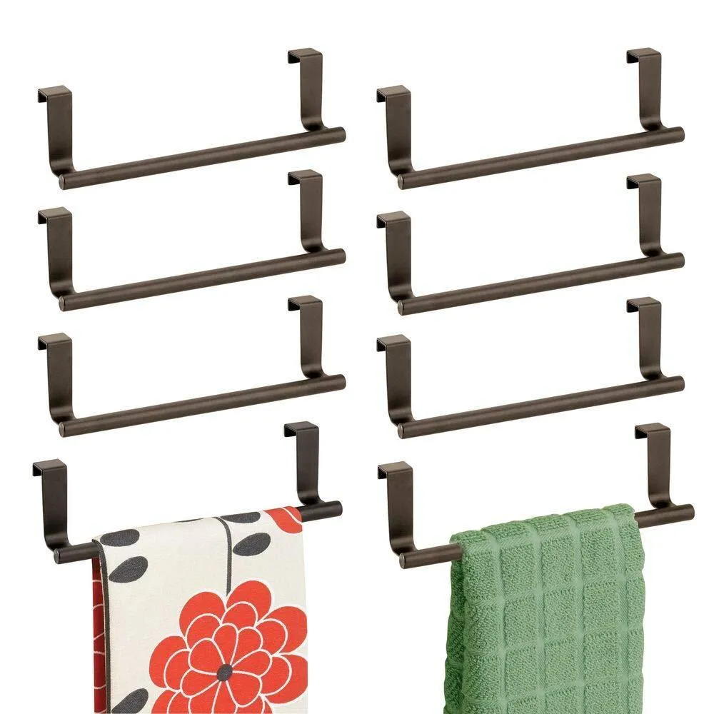mDesign Decorative Metal Kitchen Over Cabinet Towel Bar - Hang on Inside or Outside of Doors, Storage and Display Rack for Hand, Dish, and Tea Towels - 9" Wide, 8 Pack - Bronze
