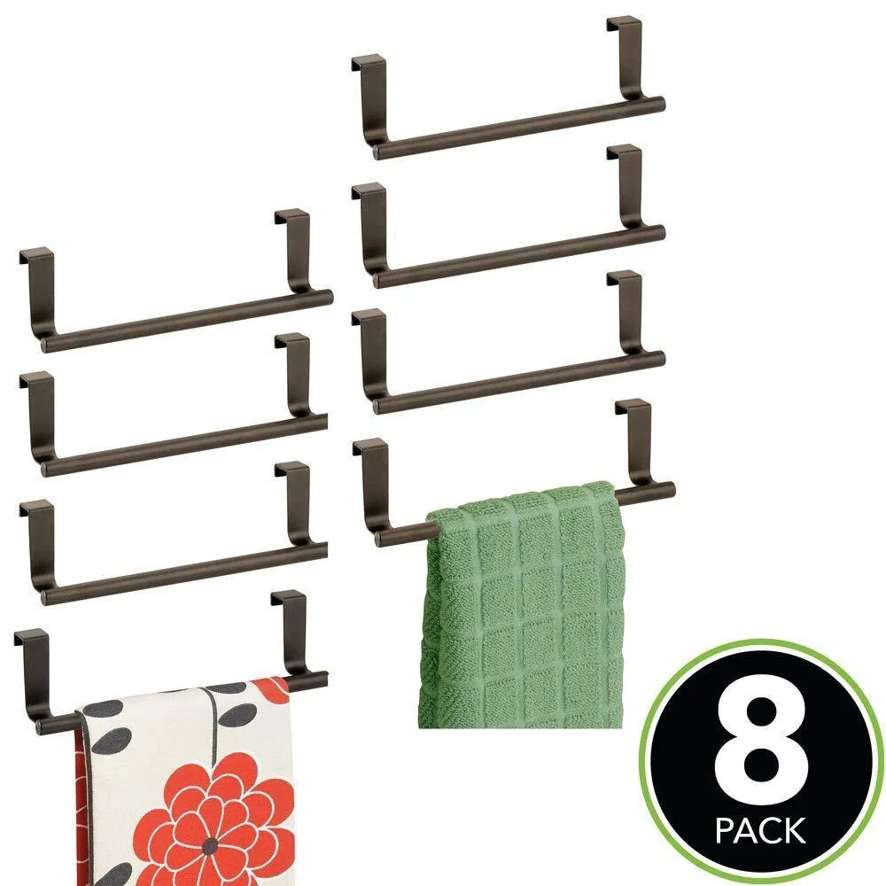 mDesign Decorative Metal Kitchen Over Cabinet Towel Bar - Hang on Inside or Outside of Doors, Storage and Display Rack for Hand, Dish, and Tea Towels - 9" Wide, 8 Pack - Bronze
