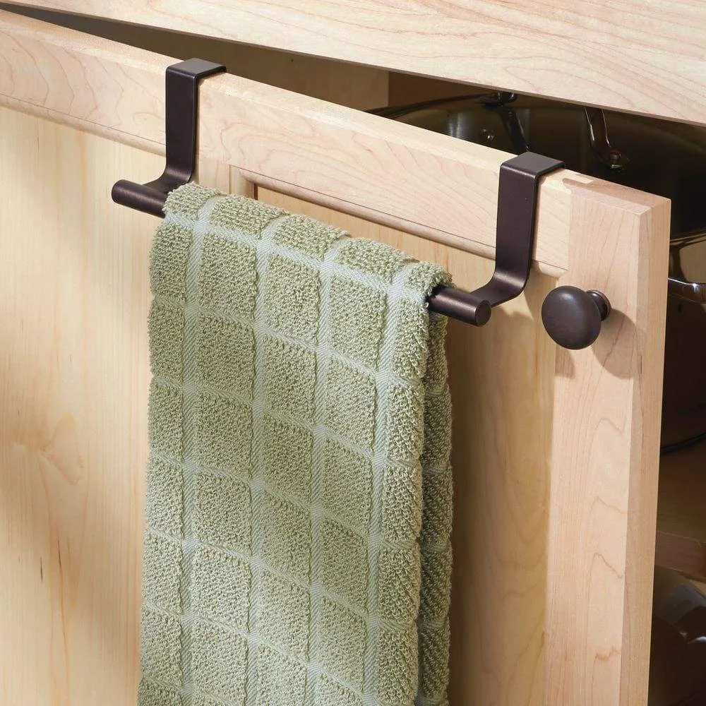 mDesign Decorative Metal Kitchen Over Cabinet Towel Bar - Hang on Inside or Outside of Doors, Storage and Display Rack for Hand, Dish, and Tea Towels - 9" Wide, 8 Pack - Bronze