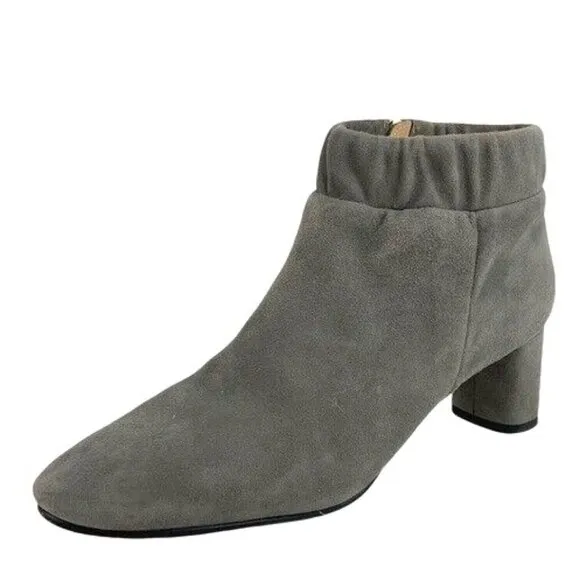 New CLARKS Grey Suede Heeled Ankle Booties Almond Toe Elastic Cuff SZ 9