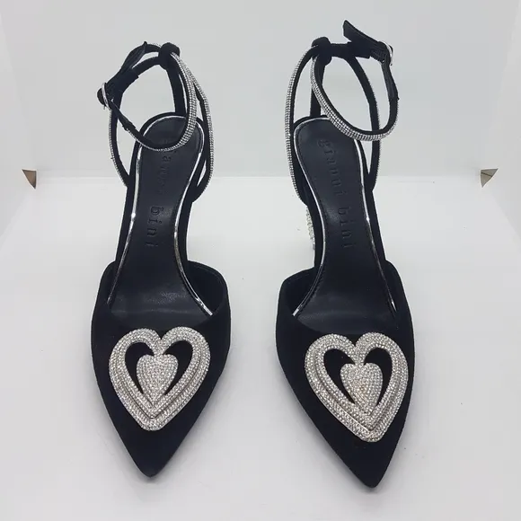 New Gianni Bini Annika Suede Rhinestone Heart Pointed Toe Pumps Sz 6.5