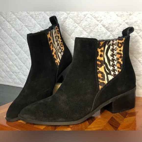 NWOB Crown Vintage Tolana Chelsea black leather animal print booties