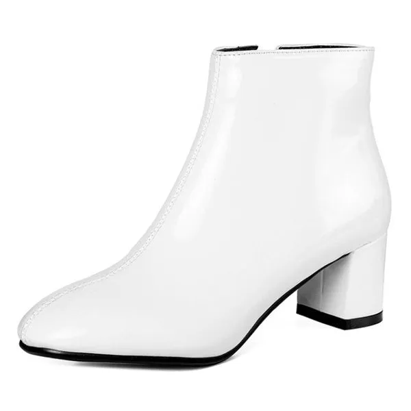 Patent Leather Booties Chunky Short Boots Mid Heel Ankle Boot Black Boots Fashion