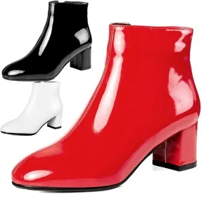 Patent Leather Booties Chunky Short Boots Mid Heel Ankle Boot Black Boots Fashion