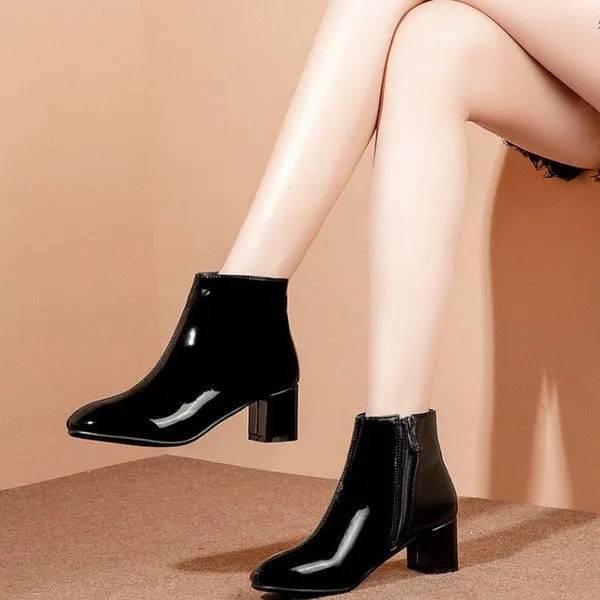 Patent Leather Booties Chunky Short Boots Mid Heel Ankle Boot Black Boots Fashion
