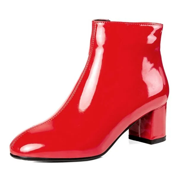 Patent Leather Booties Chunky Short Boots Mid Heel Ankle Boot Black Boots Fashion