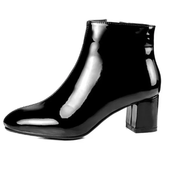 Patent Leather Booties Chunky Short Boots Mid Heel Ankle Boot Black Boots Fashion