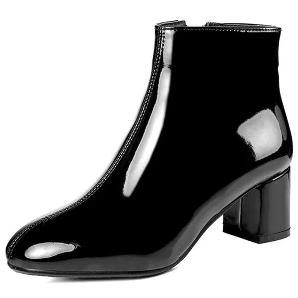 Patent Leather Booties Chunky Short Boots Mid Heel Ankle Boot Black Boots Fashion