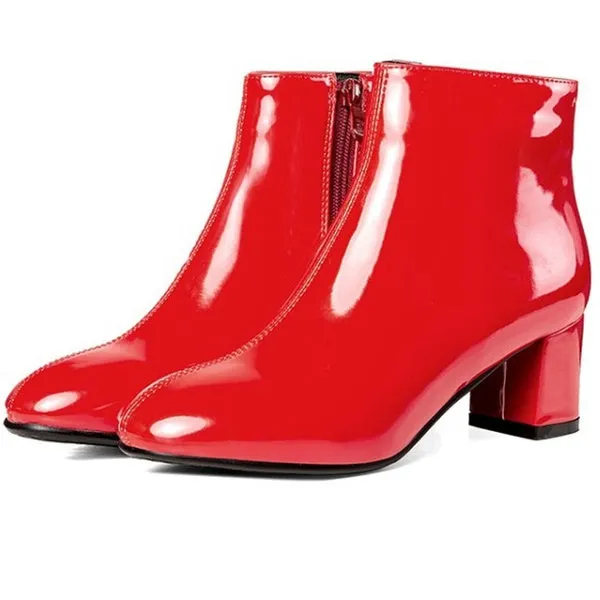 Patent Leather Booties Chunky Short Boots Mid Heel Ankle Boot Black Boots Fashion