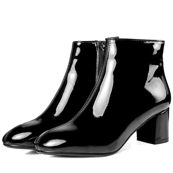 Patent Leather Booties Chunky Short Boots Mid Heel Ankle Boot Black Boots Fashion