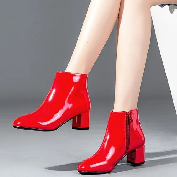 Patent Leather Booties Chunky Short Boots Mid Heel Ankle Boot Black Boots Fashion