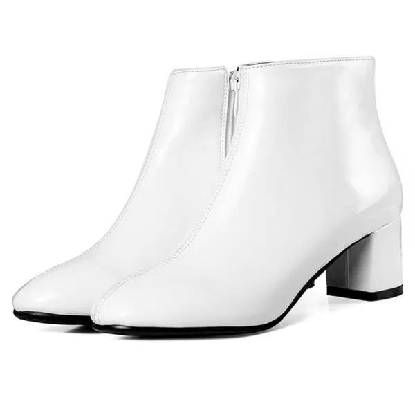 Patent Leather Booties Chunky Short Boots Mid Heel Ankle Boot Black Boots Fashion