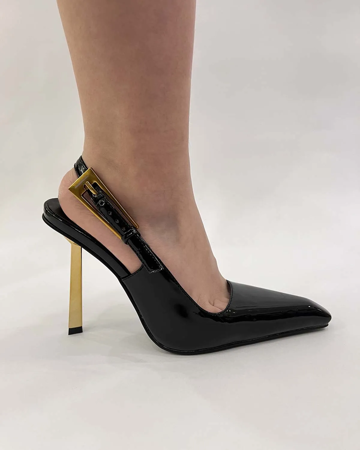 Patent leather pointed toe slingback metal heels pumps