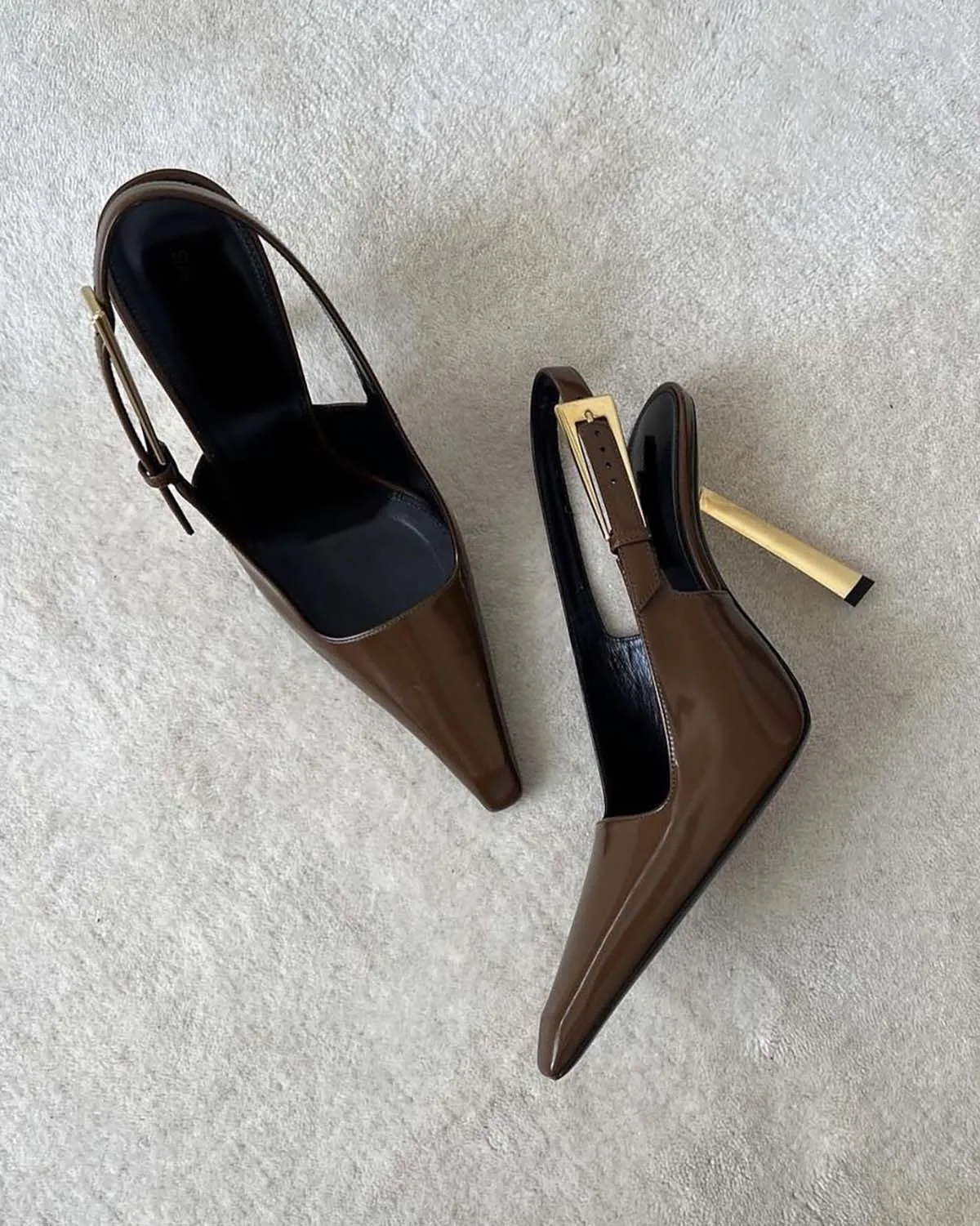 Patent leather pointed toe slingback metal heels pumps