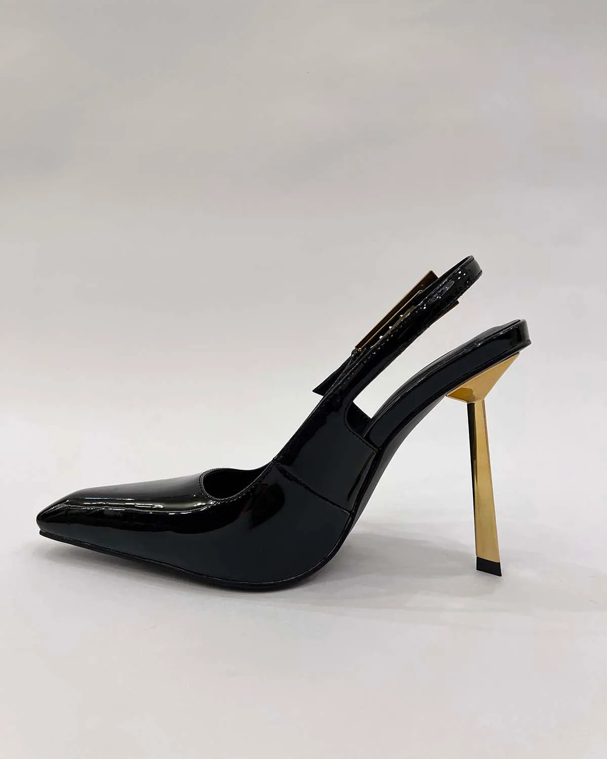 Patent leather pointed toe slingback metal heels pumps