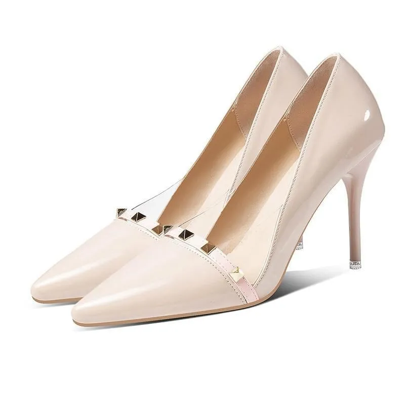 Patent Leather Sexy Heels Shoes Pointed Toe Rivet Super High Heels Green Pumps Dress Shoes
