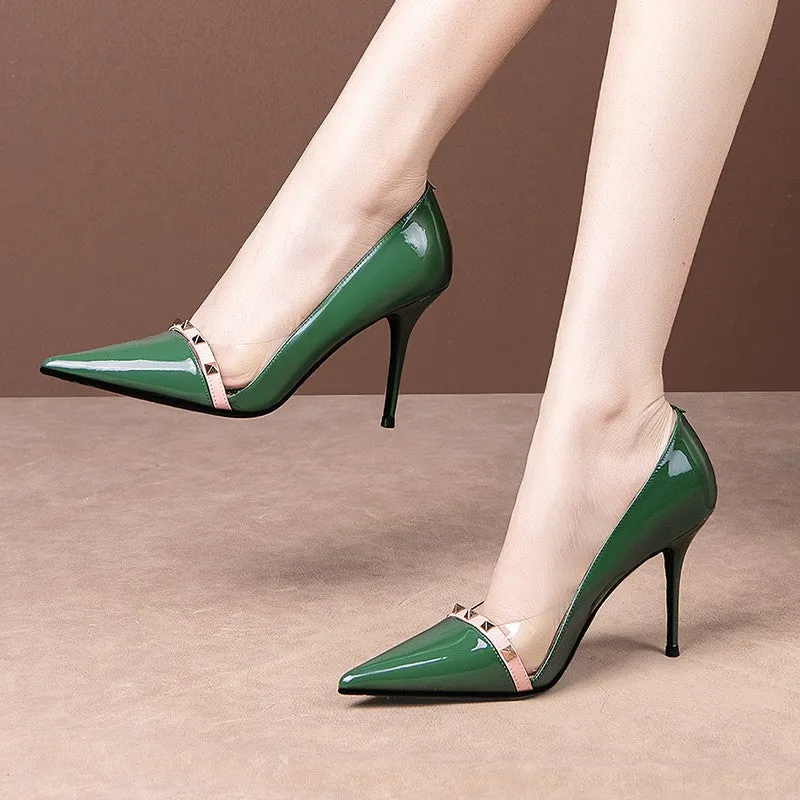 Patent Leather Sexy Heels Shoes Pointed Toe Rivet Super High Heels Green Pumps Dress Shoes