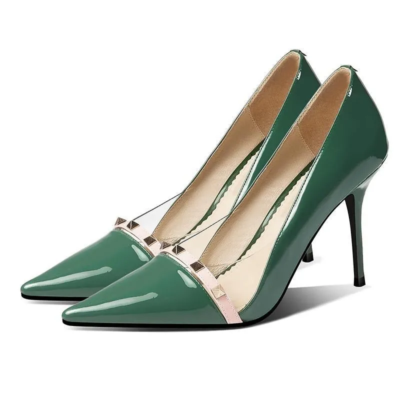 Patent Leather Sexy Heels Shoes Pointed Toe Rivet Super High Heels Green Pumps Dress Shoes