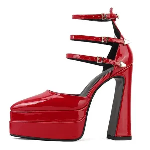 Platform Heels for Women Pointed Toe Chunky Buckle Pumps Shoes