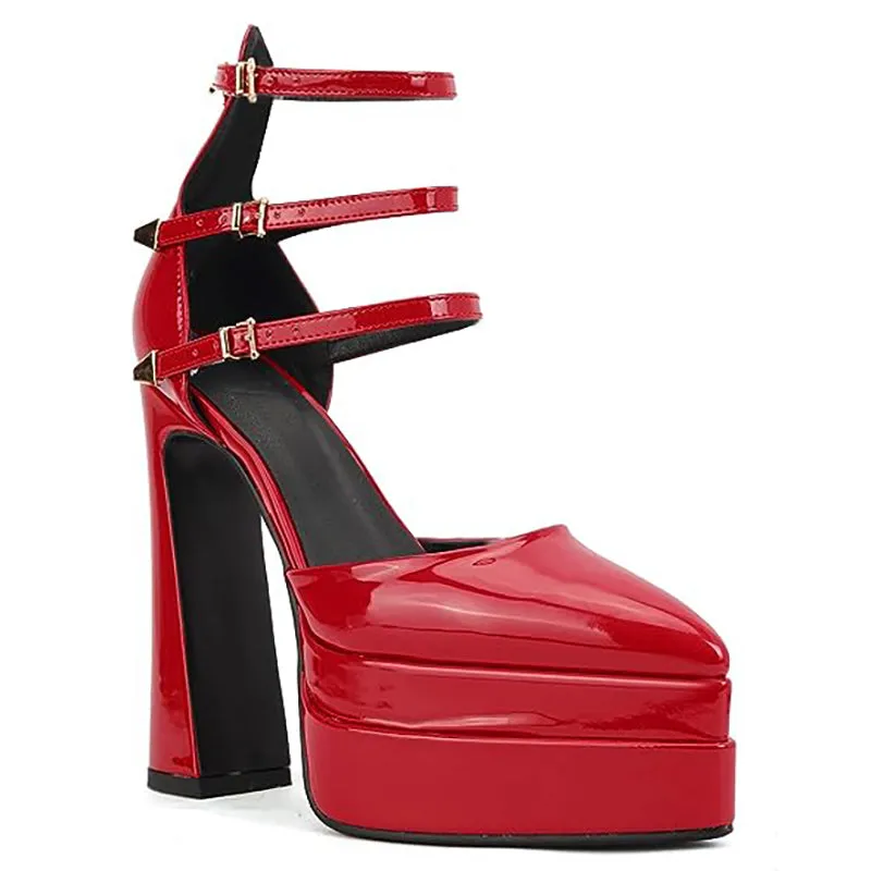 Platform Heels for Women Pointed Toe Chunky Buckle Pumps Shoes