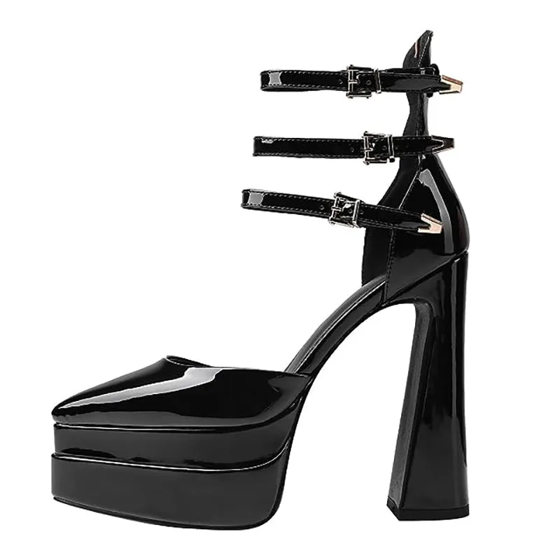 Platform Heels for Women Pointed Toe Chunky Buckle Pumps Shoes