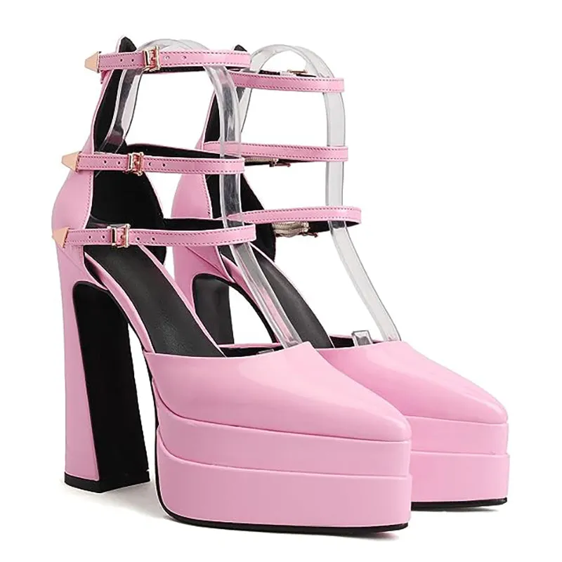 Platform Heels for Women Pointed Toe Chunky Buckle Pumps Shoes