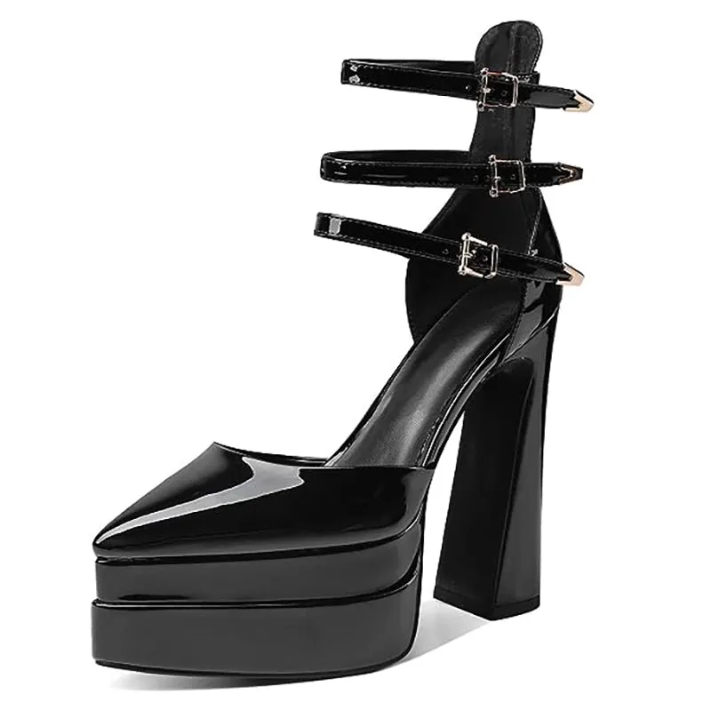 Platform Heels for Women Pointed Toe Chunky Buckle Pumps Shoes