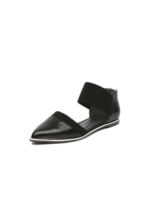 Pointed Leather Ankle-Strap Flat - Black