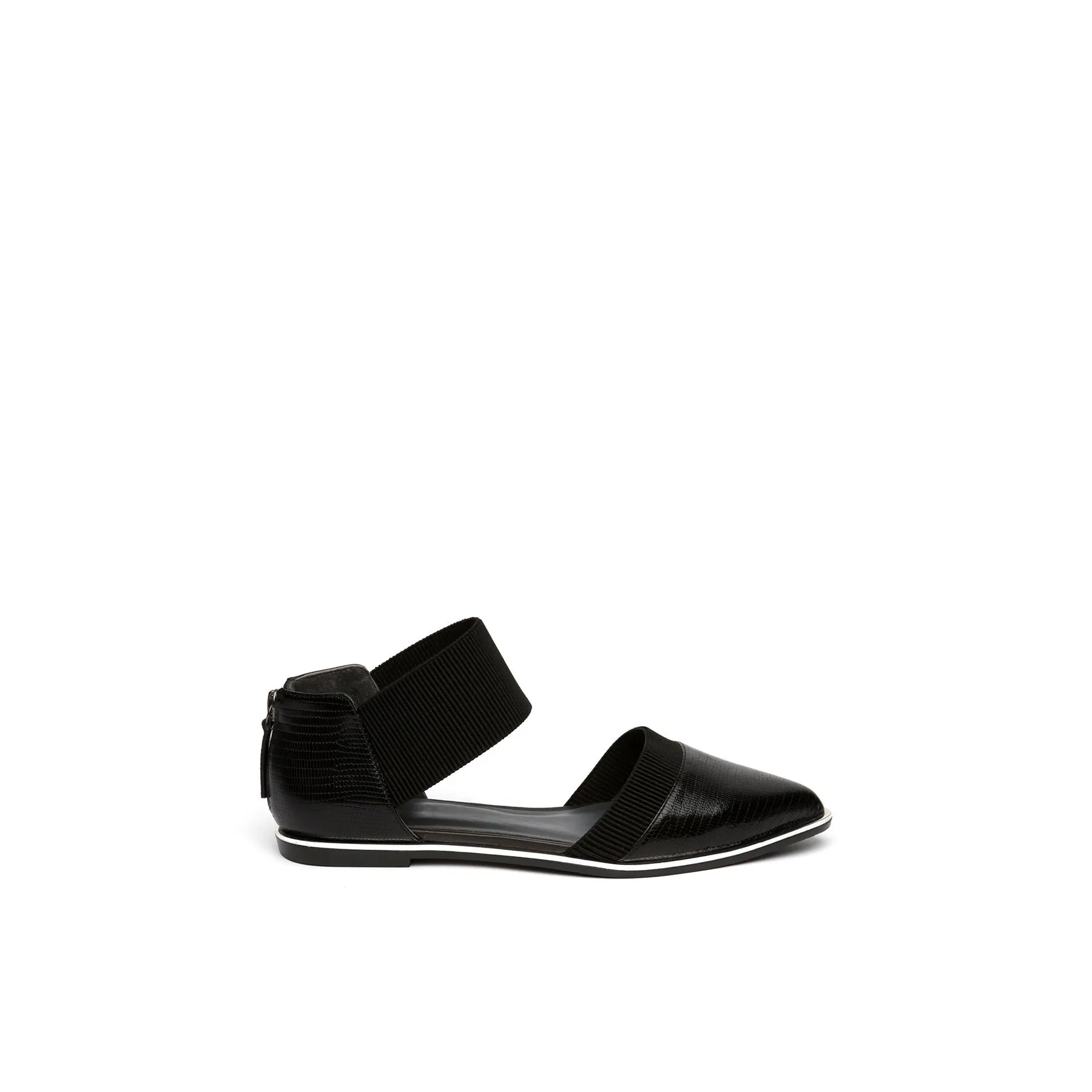 Pointed Leather Ankle-Strap Flat - Black