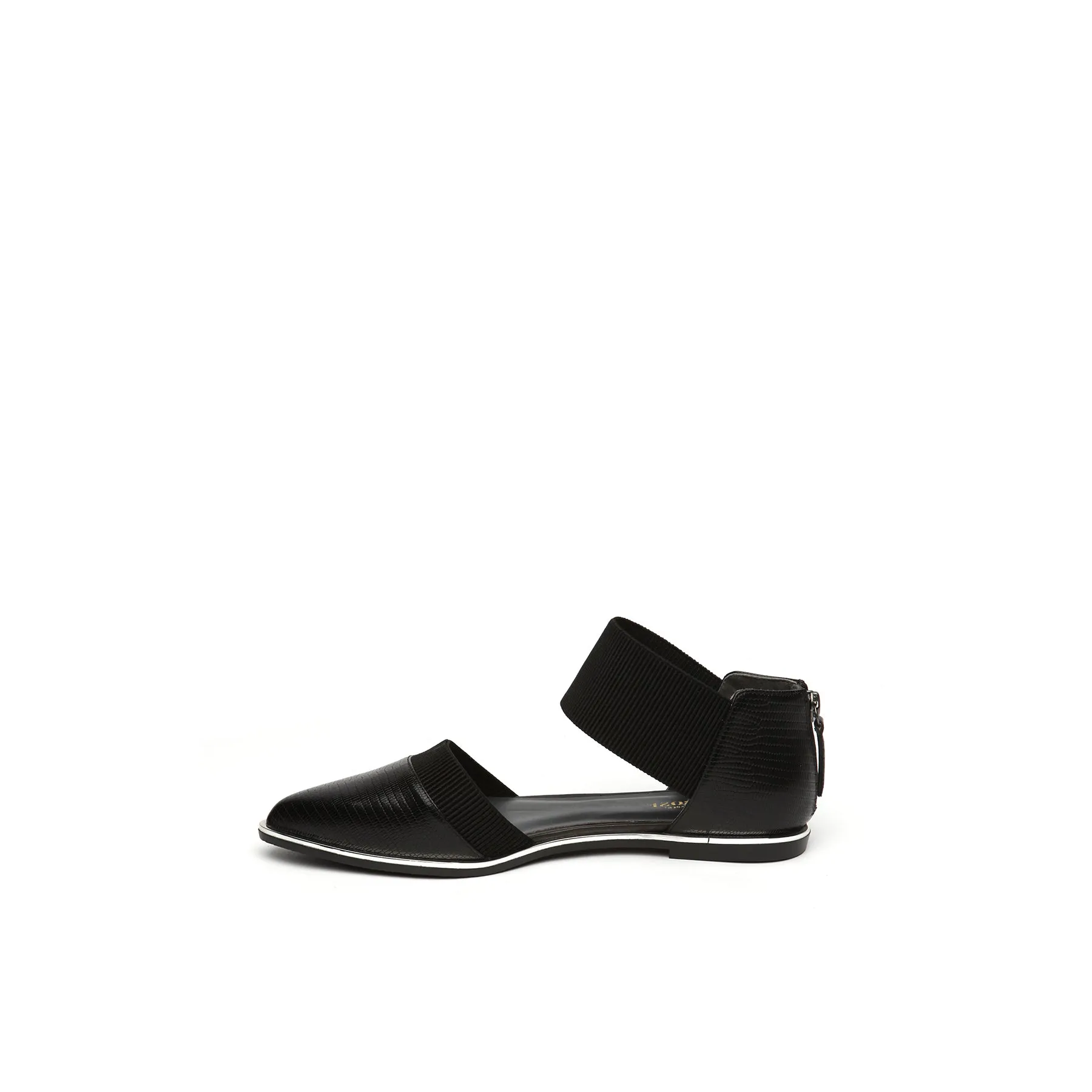 Pointed Leather Ankle-Strap Flat - Black