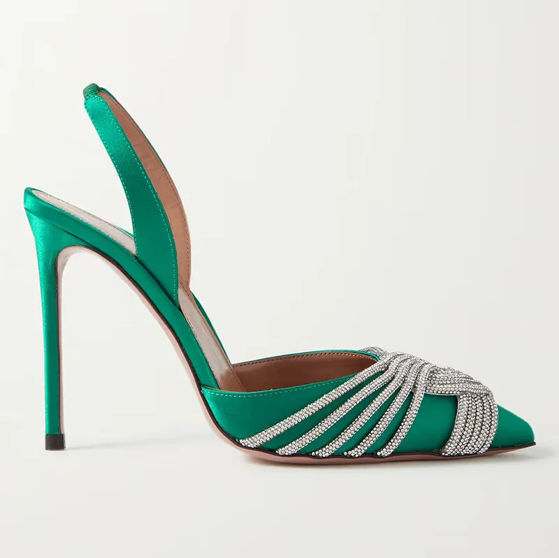 Satin rhinestone stiletto high heel pumps shoes for women