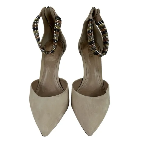 Schutz Katiusia Cream Suede Pointed Toe Metal Ankle Strap Pumps Size 9.5