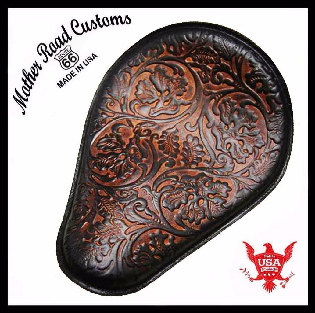 Spring Seat Chopper Bobber Harley Sportster Honda 10x13 Ant Brown Oak Leaf Leather