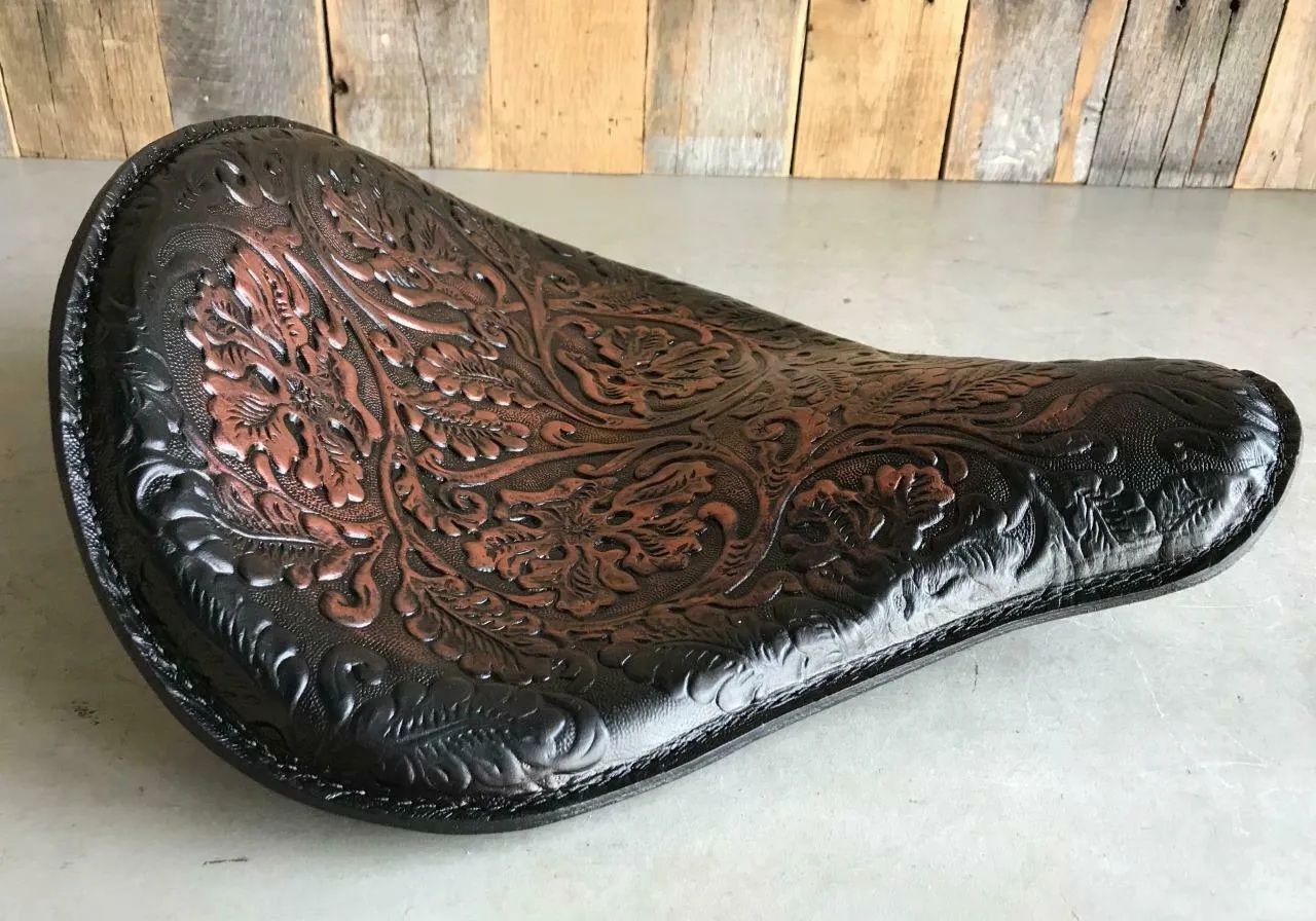 Spring Seat Chopper Sportster Harley 12x13" Ant Blk Cop Oak Leaf Leather