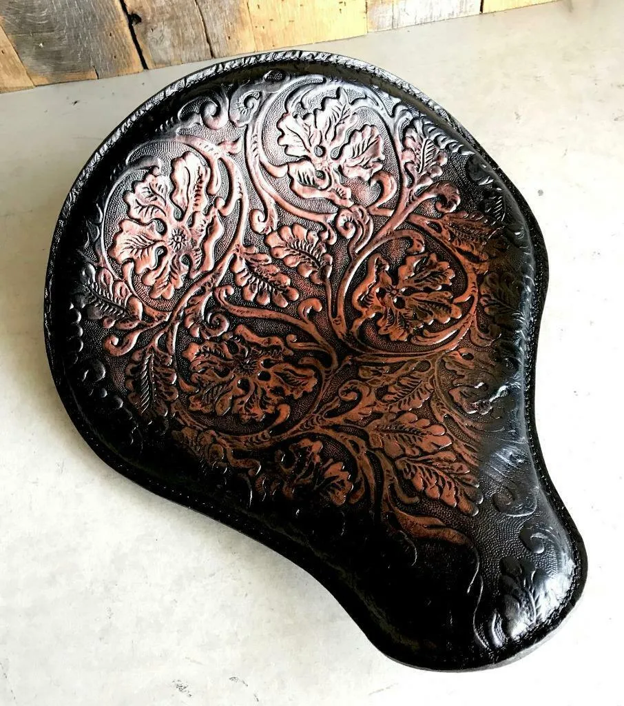 Spring Seat Chopper Sportster Harley 12x13" Ant Blk Cop Oak Leaf Leather
