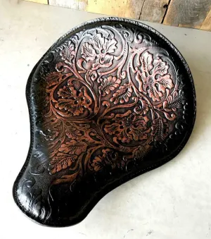 Spring Seat Chopper Sportster Harley 12x13" Ant Blk Cop Oak Leaf Leather