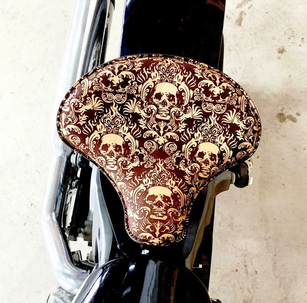 Spring Seat Chopper Sportster Harley 15x14 Scroll Skull Engraved Tooled Leather