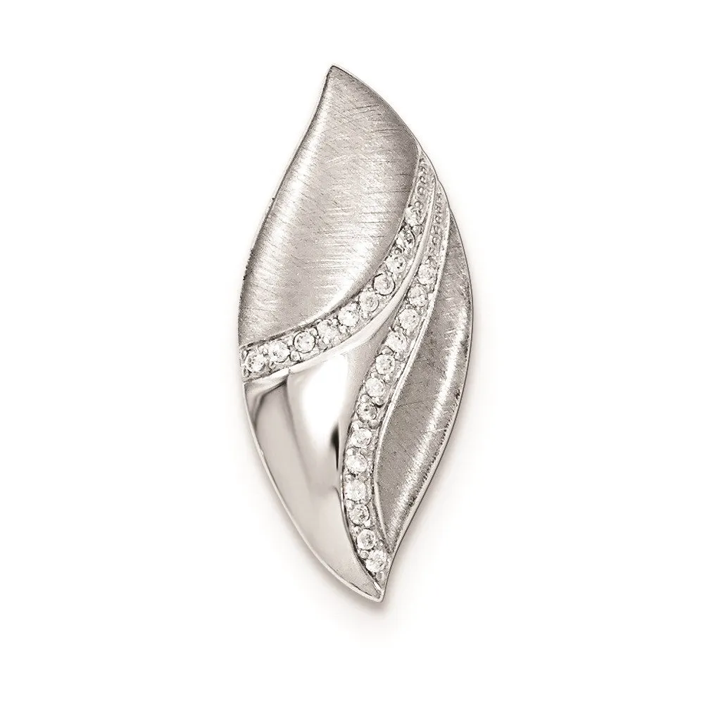 Sterling Silver Polished & Satin CZ Leaf Chain Slide Pendant