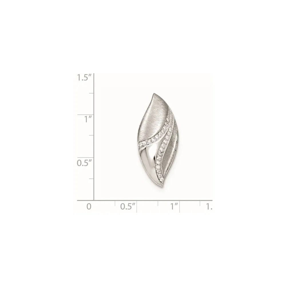 Sterling Silver Polished & Satin CZ Leaf Chain Slide Pendant