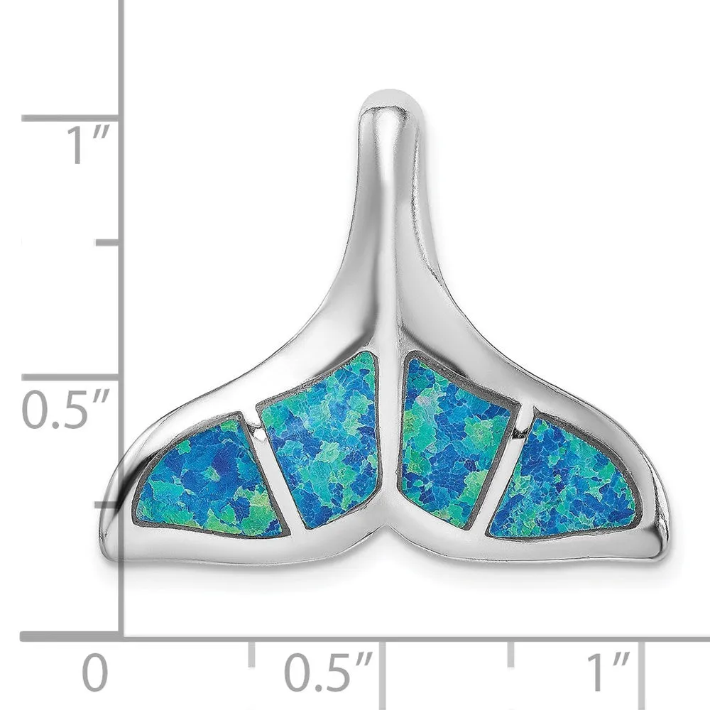 Sterling Silver Rhod-plated Blue Inlay Created Opal Whale Tail Slide