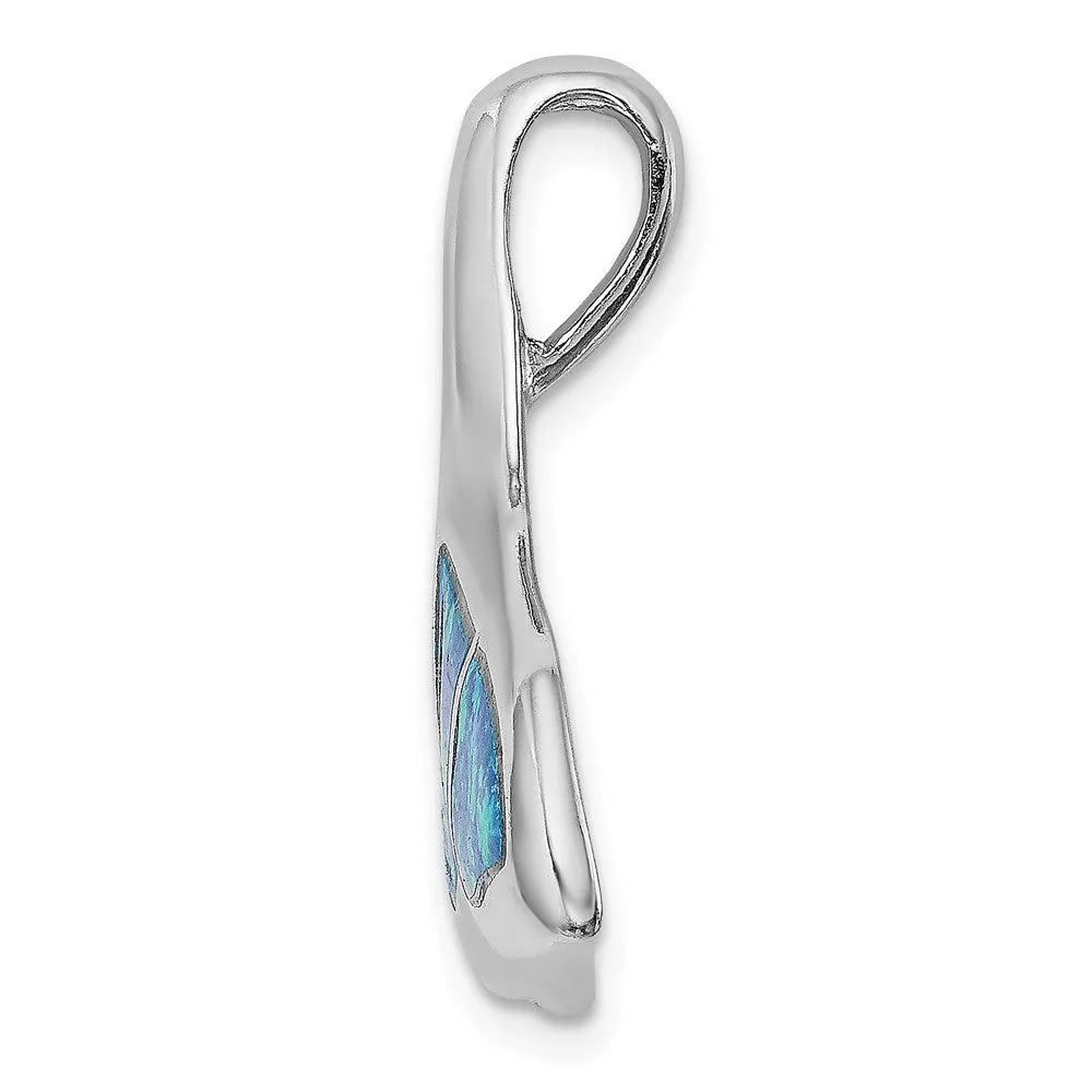 Sterling Silver Rhod-plated Blue Inlay Created Opal Whale Tail Slide