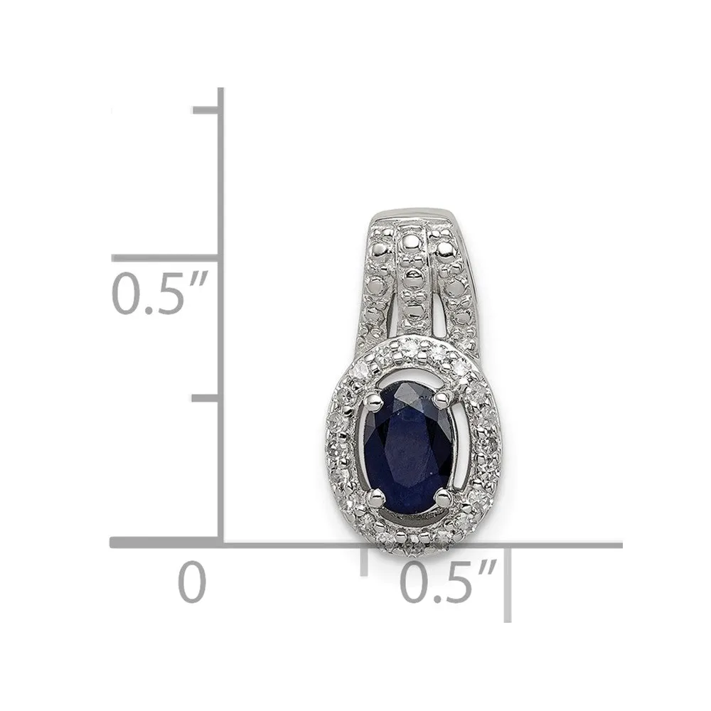 Sterling Silver Rhodium Plated Diamond & Sapphire Oval Pendant