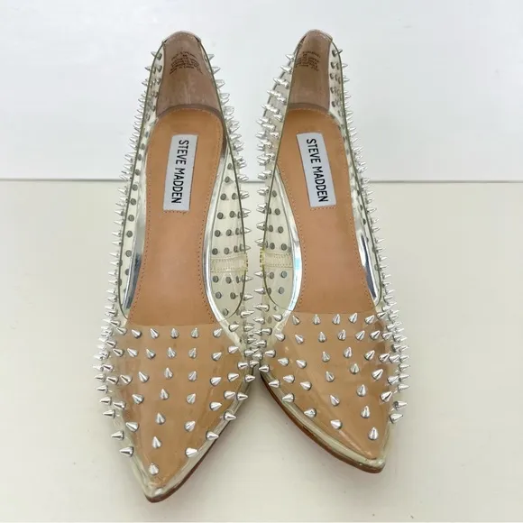STEVE MADDEN Vala -S Clear Silver Spiked Studded Pointed Pumps Heel Sz 8