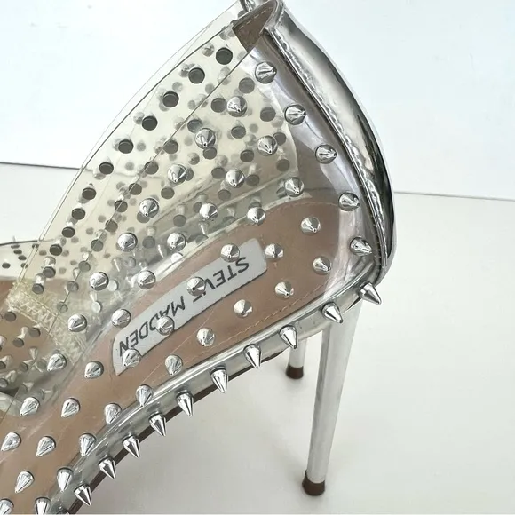 STEVE MADDEN Vala -S Clear Silver Spiked Studded Pointed Pumps Heel Sz 8