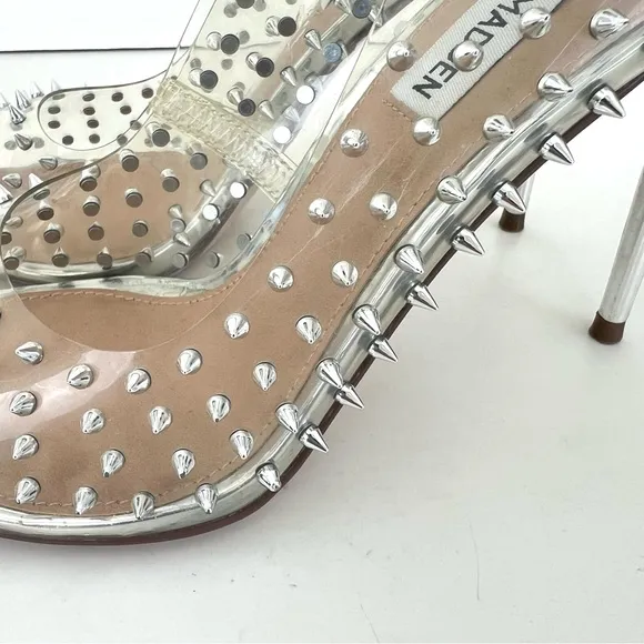STEVE MADDEN Vala -S Clear Silver Spiked Studded Pointed Pumps Heel Sz 8