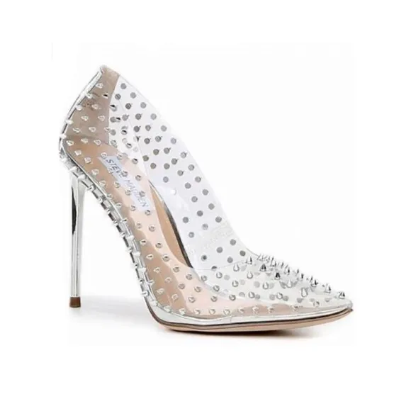 STEVE MADDEN Vala -S Clear Silver Spiked Studded Pointed Pumps Heel Sz 8