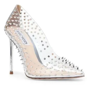 STEVE MADDEN Vala -S Clear Silver Spiked Studded Pointed Pumps Heel Sz 8